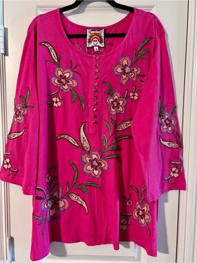 Johnny Was Hot Pink Embroidered Floral Top